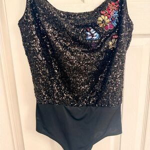 Pinko Black Sequin Bodysuit with Colorful Floral Design